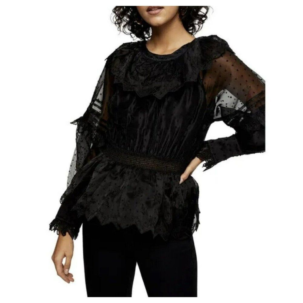 NWT Topshop Dobby Shirred Waist Blouse SHEER TOP BALLOON Sleeve Black Size 4 NEW